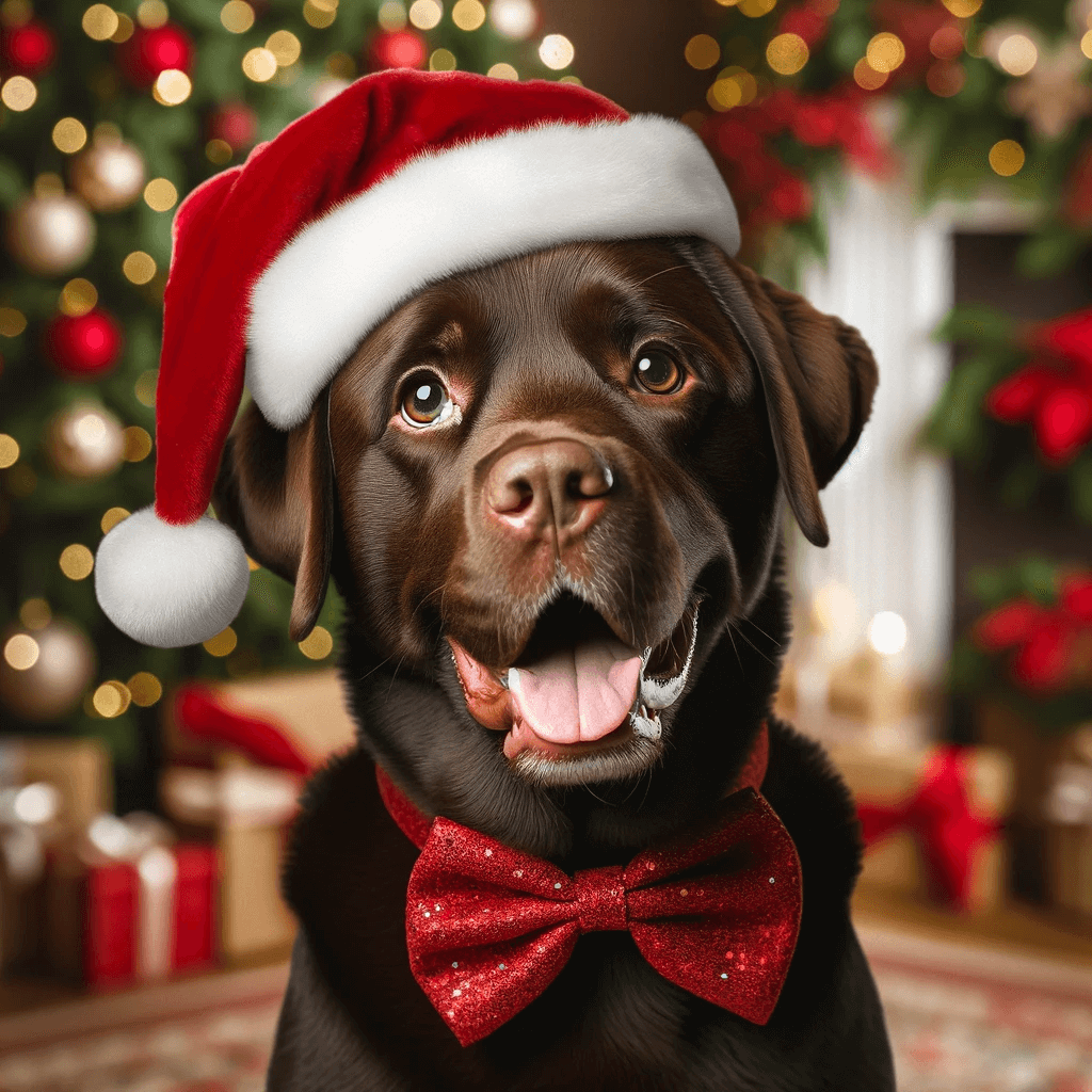 chocolate Labrador, looking excited and happy, possibly wearing a Santa hat or bow, posed in front of a Christmas tree