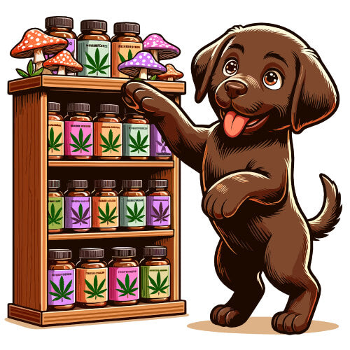 chocolate lab puppy selecting his perfect supplements