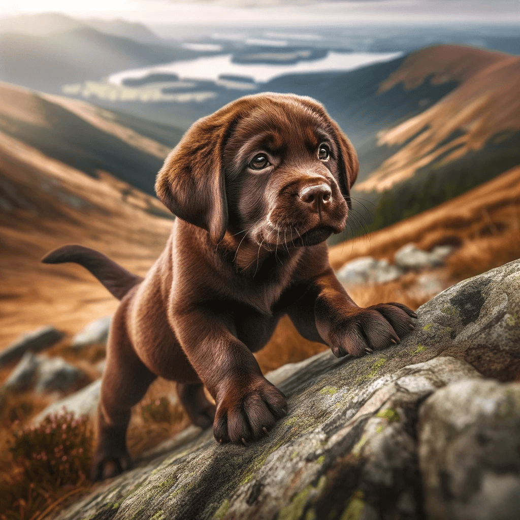 chocolate_lab_puppy_with_a_look_of_determination_climbing_a_hill_during_a_hike