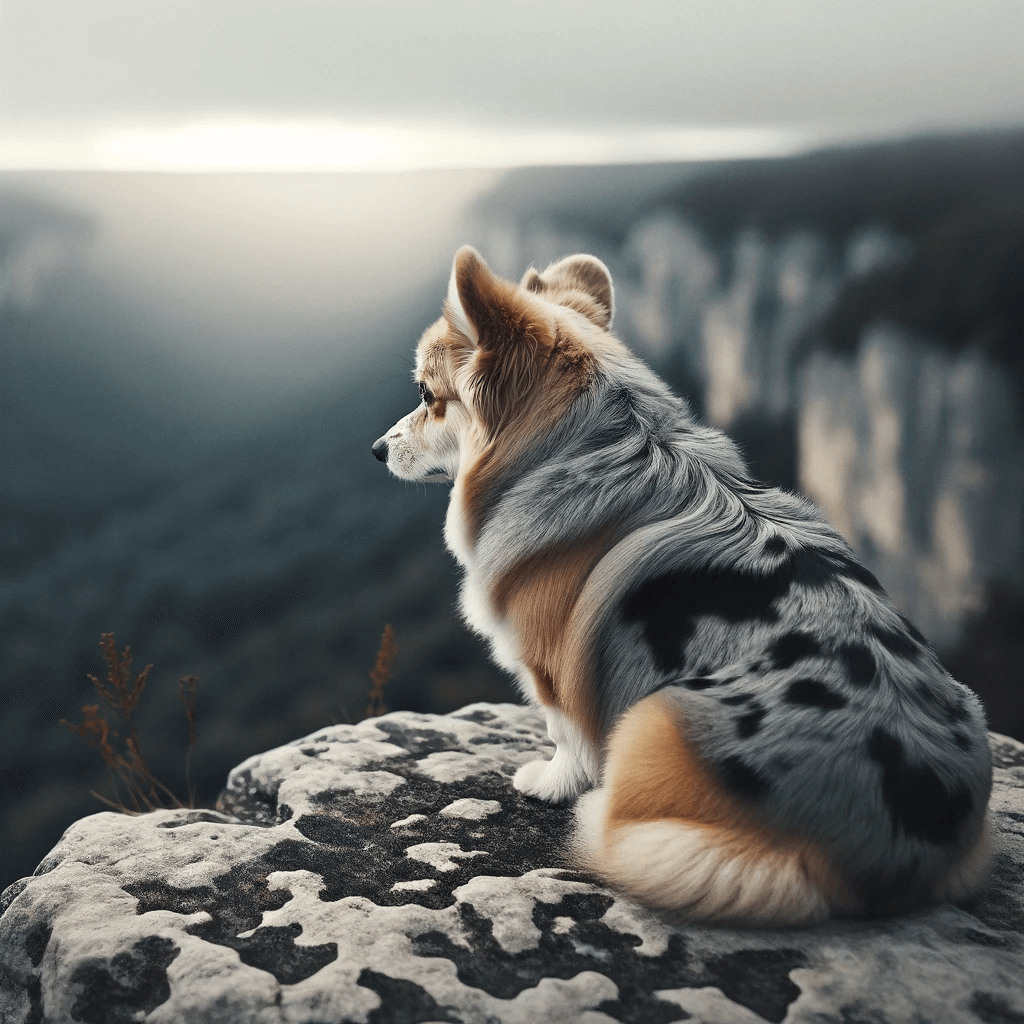 corgi_poodle_mix-_Corgipoo_gazes_out_over_a_cliff_its_merle-patterned_coat_blending_with_the_natural_tones_of_the_landscape