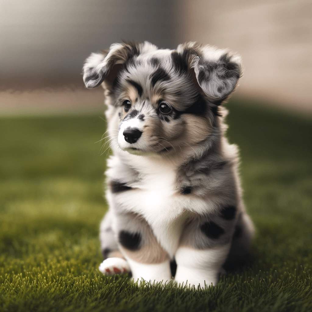 corgi_poodle_mix-_Corgipoo_seems_to_be_pondering_life_s_mysteries._The_puppy_s_merle_coat_pattern_with_swirls_of_gray_and_white_is