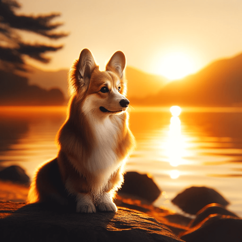corgi_poodle_mix-_Corgipoo_sits_by_the_lake_its_silhouette_a_blend_of_the_Poodle_s_elegance_and_the_Corgi_s_robustness._T