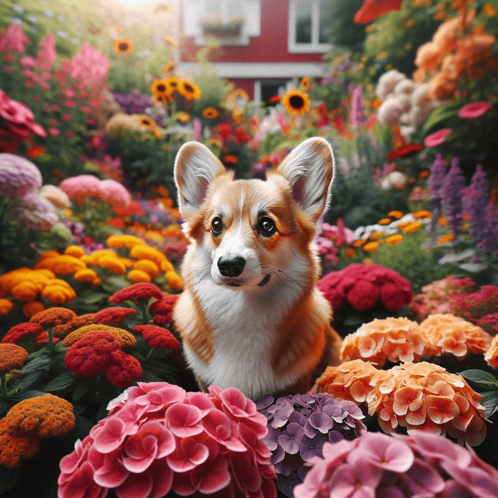 corgi_poodle_mix-_Corgipoo_stands_amidst_a_burst_of_garden_colors_vigilant_and_alert._Its_stance_is_sturdy_ears_perked_as_it_watches_over_its_floral_kingdom