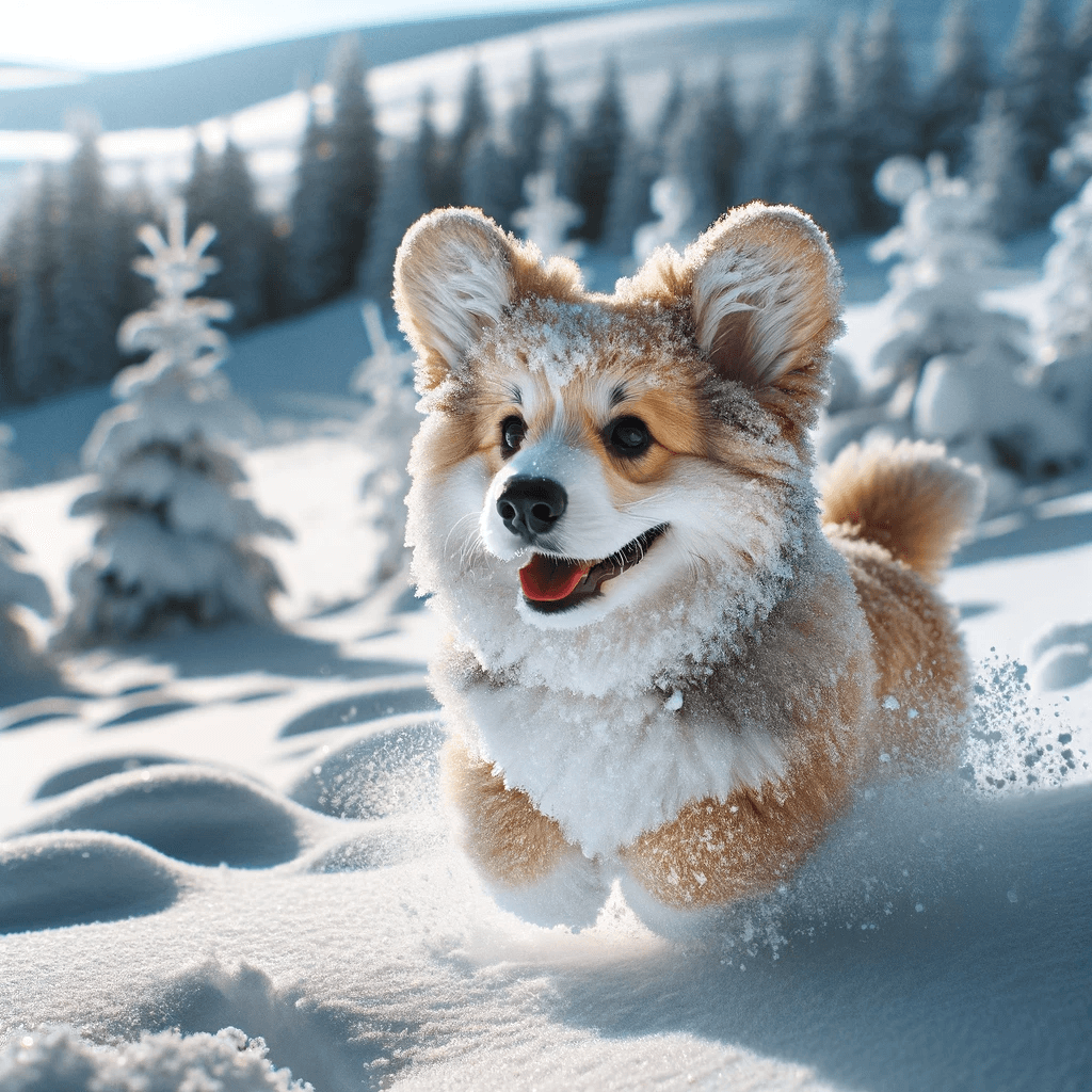 corgi_poodle_mix-_Corgipoo_with_a_thick_Poodle_coat_and_Corgi_ears_joyfully_playing_in_a_winter_wonderland