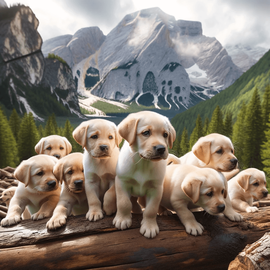 green_Labrador_puppies_with_soft_green-shaded_fur_exploring_a_mountainous_terrain