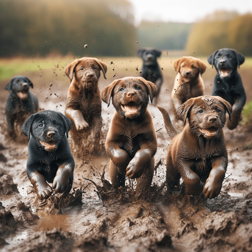 group_of_Labrador_puppies_a_mix_of_black_chocolate_and_golden_joyously_romping_through_a_muddy_field_splattering_mud_everywhere