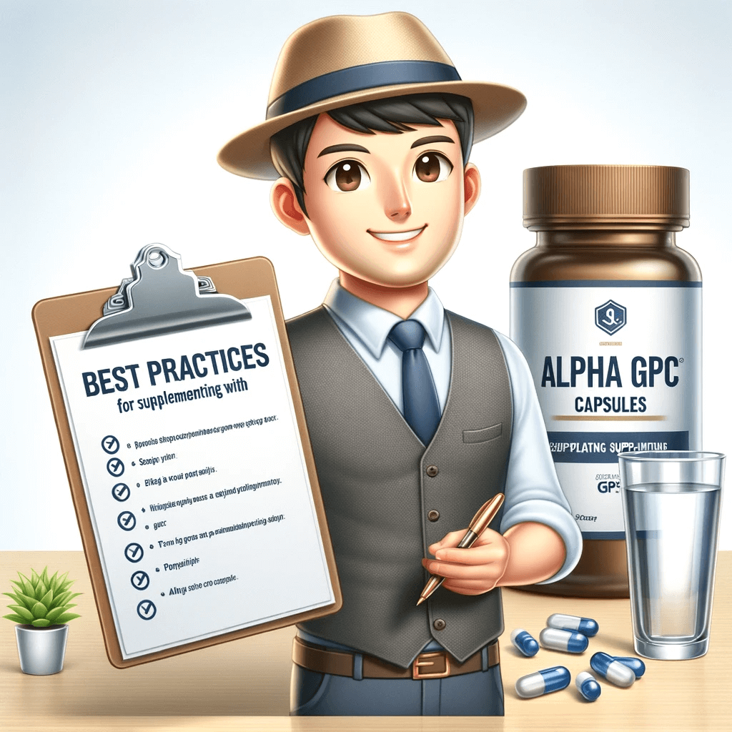 guide_character_holding_a_list_of_tips_with_Alpha_GPC_capsules_and_a_glass_of_water_in_the_background