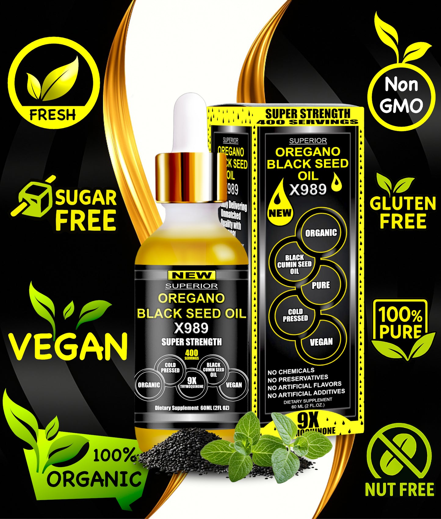 Oil Of Oregano With Black Seed Oil - Organic 2 in 1 Herbal Supplement | 400 Servings