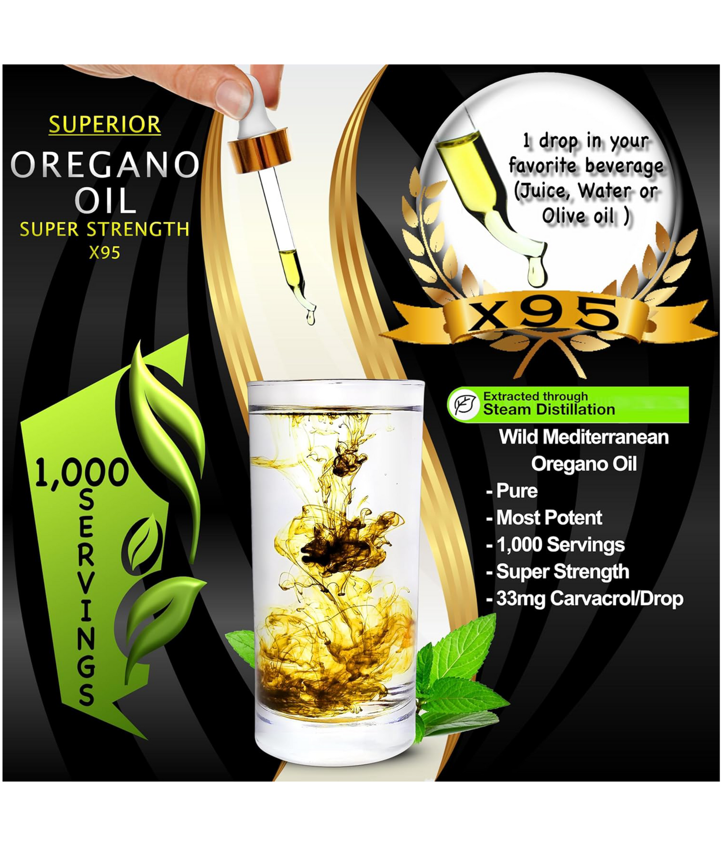 Organic Oregano Oil Drops - 1,000 Servings Wild Oil of Oregano 9X Carvacrol