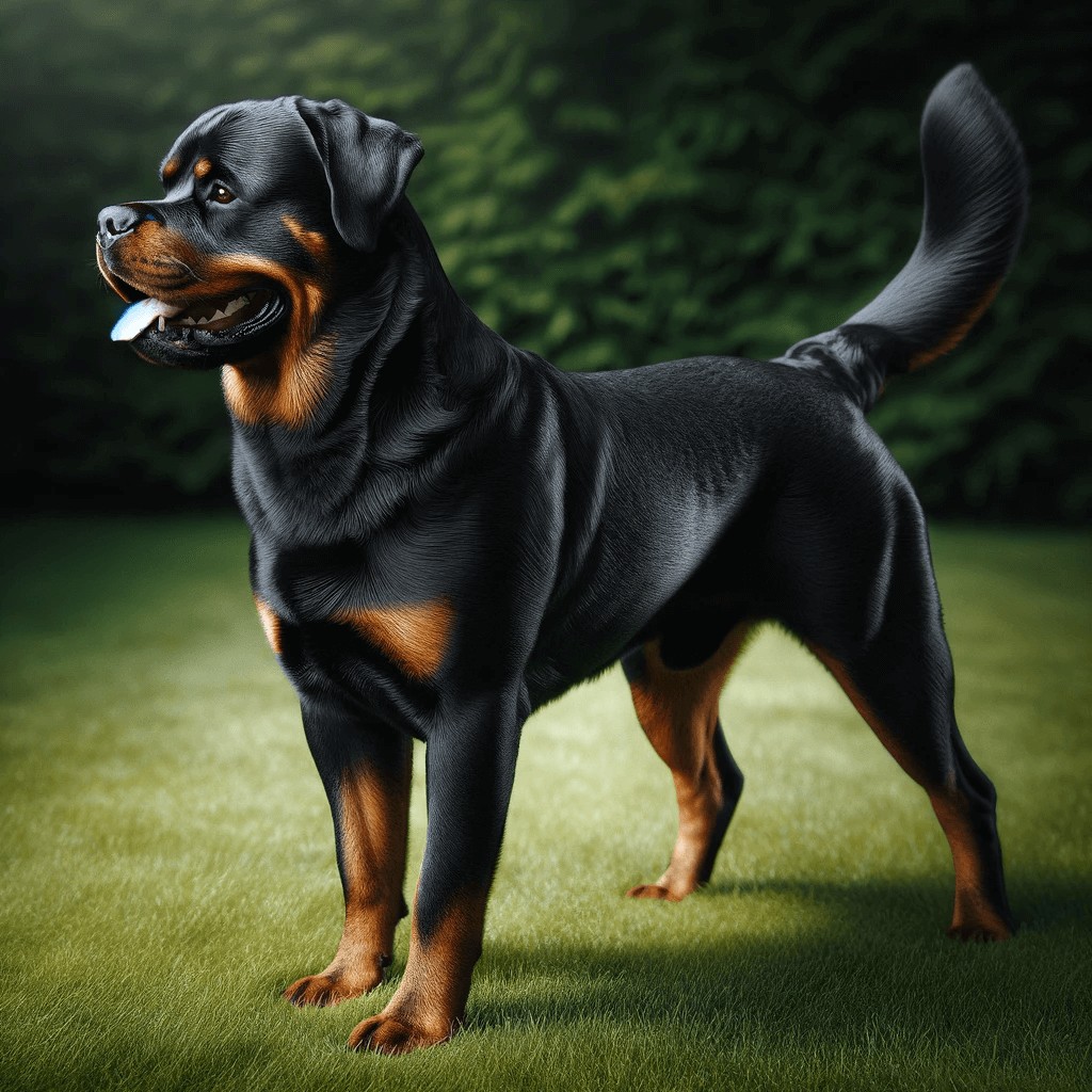 side_view_of_a_Rottweiler_standing_on_grass_showcasing_its_muscular_build_and_shiny_black_coat_with_tan_markings