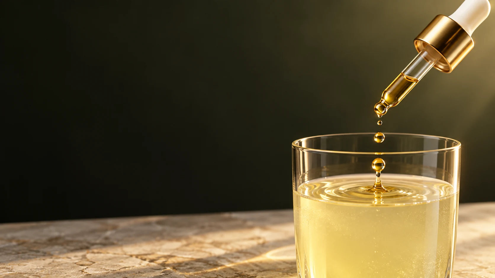 Rendered glass dropper releasing three amber drops into a citrus drink