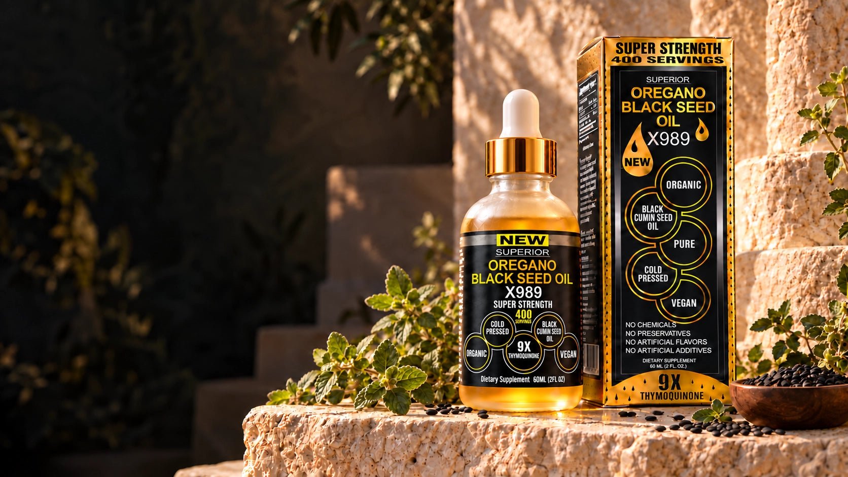 Photoreal product render of the updated X989 bottle and gold carton on limestone