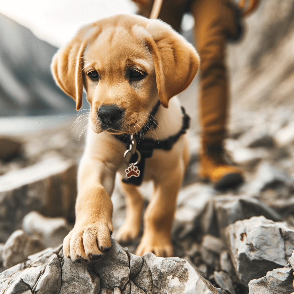 yellow_Labrador_puppy_exploring_rocky_terrain_with_its_collar_and_tags_suggests_that_even_at_a_young_age_these_dogs_are_inquisitive
