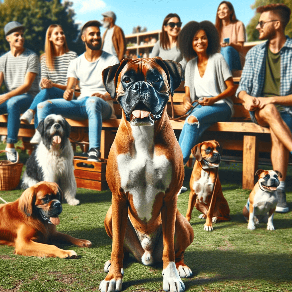 A_Boxador_happily_sitting_in_a_park_surrounded_by_a_diverse_group_of_people_and_dogs._The_dog_looks_content_and_approachable_wi