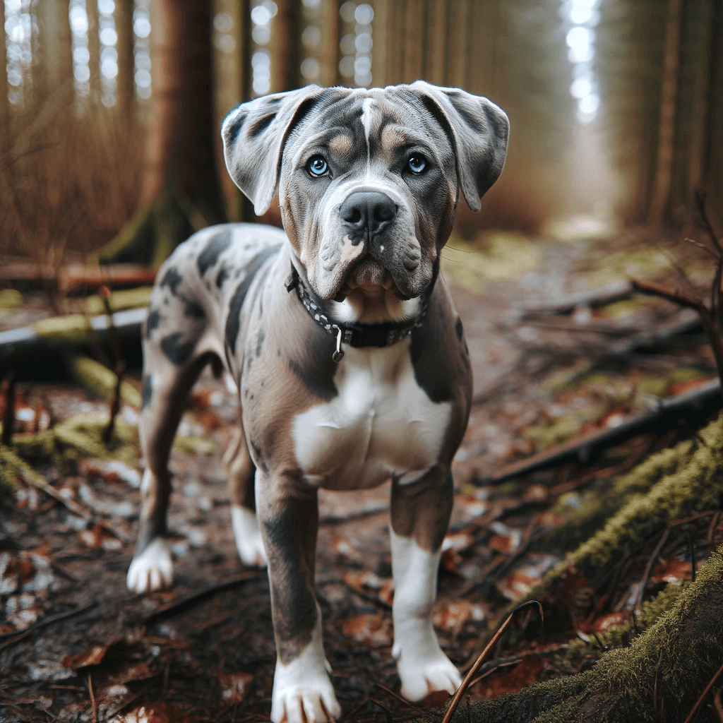 A_Catahoula_Bulldog_standing_in_a_wooded_area_sporting_a_light_merle_coat_with_bright_blue_eyes_and_a_curious_stance