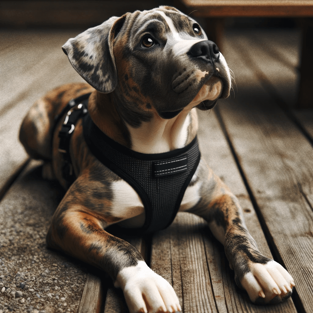 A_Catahoula_Bulldog_with_a_light_brindle_and_white_coat_lying_on_a_wooden_surface_wearing_a_black_harness_and_looking_upwards