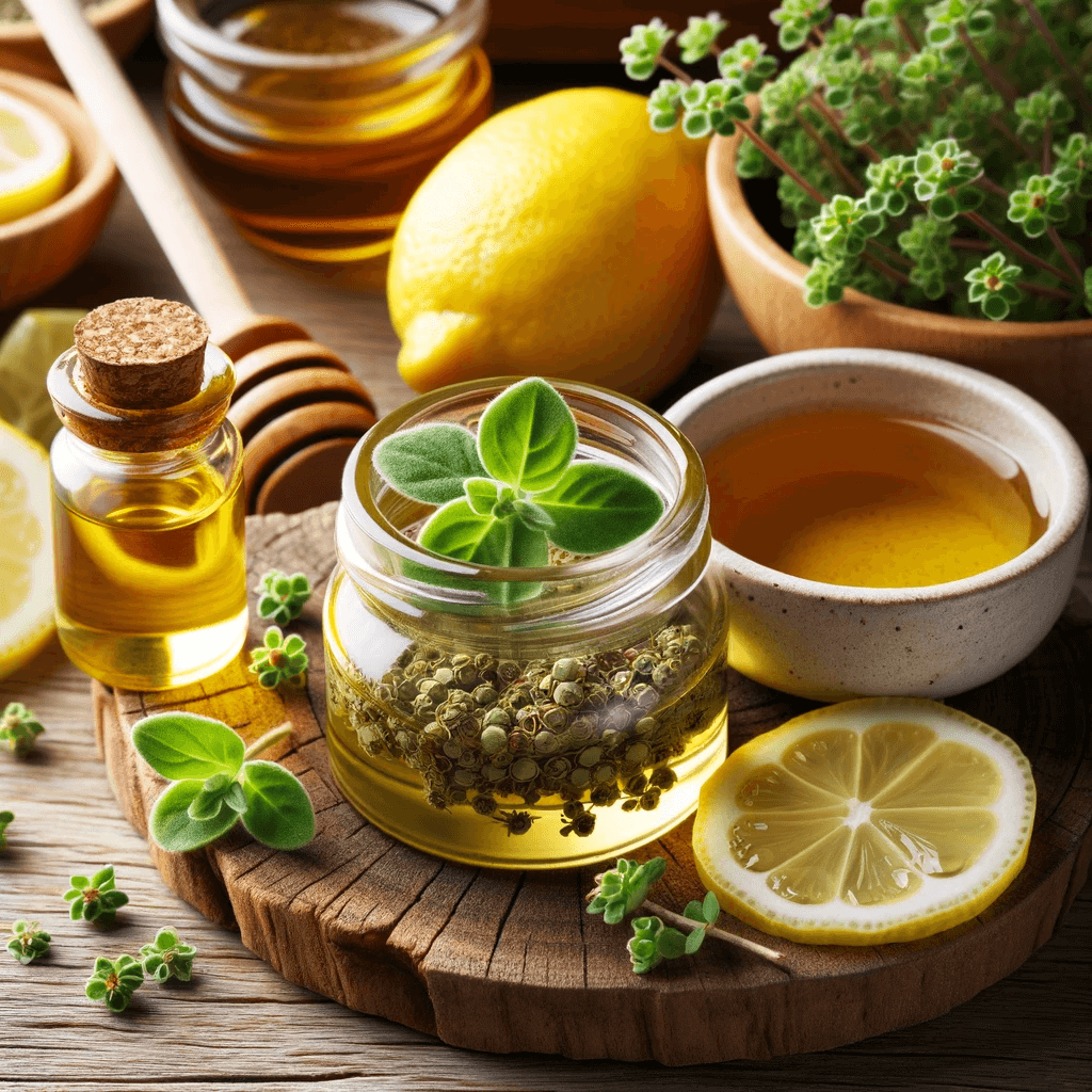 A_DIY_skincare_product_made_with_oregano_oil_displayed_with_other_natural_ingredients_like_honey_and_lemon
