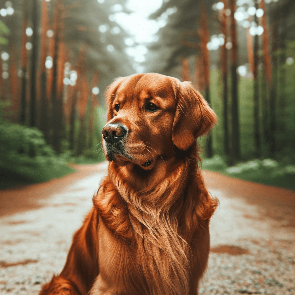 A_Dark_Golden_Retriever_is_seated_outdoors_on_a_gravel_path_surrounded_by_trees
