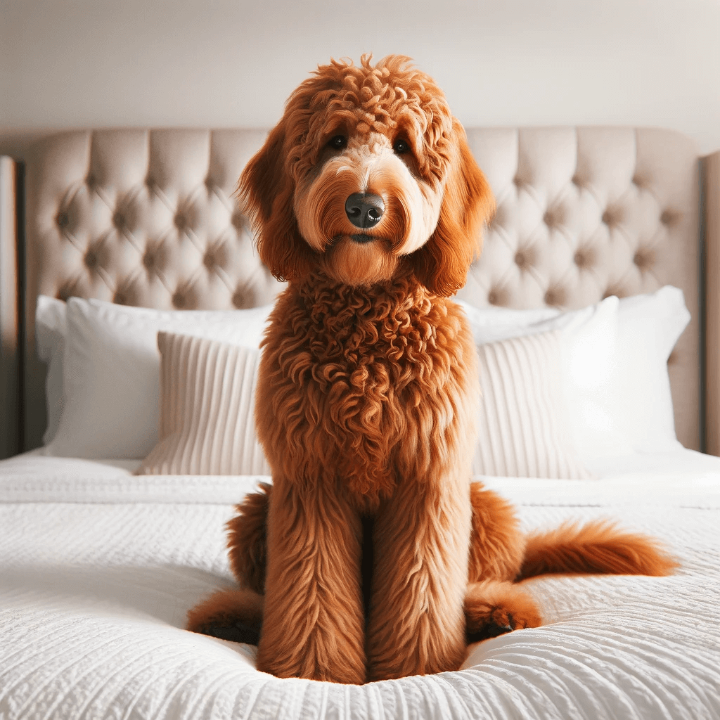 A_Flat-Coated_Goldendoodle_with_a_curly_reddish-gold_coat_sits_on_a_white_bedspread_looking_at_the_camera_with_an_alert_and_playful_expression_92aada22-6f56-4cdf-9df5-1f2920451a61