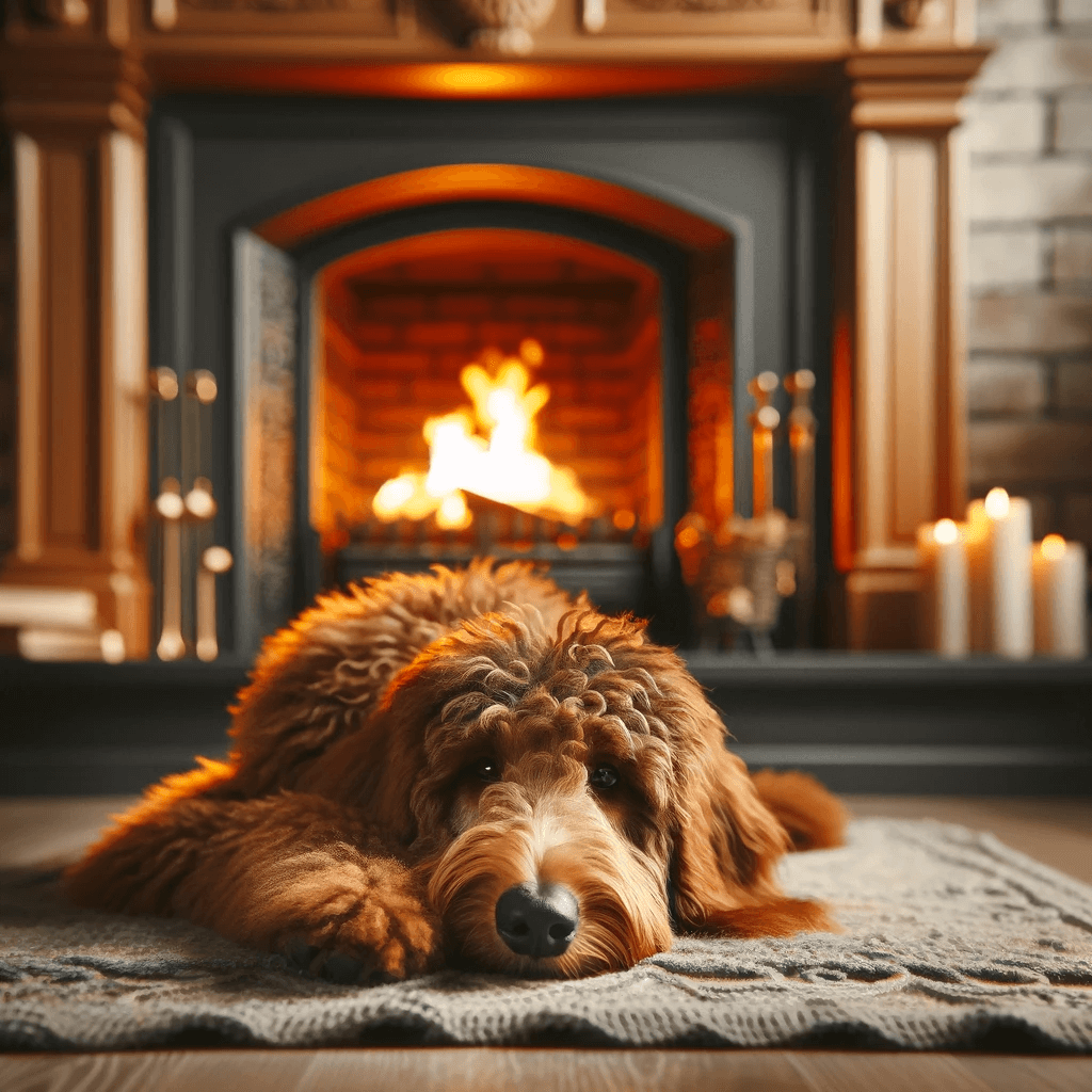 A_Flat-Coated_Goldendoodle_with_a_dark_golden_coat_is_lying_down_on_a_cozy_rug_in_front_of_a_warm_crackling_fireplace