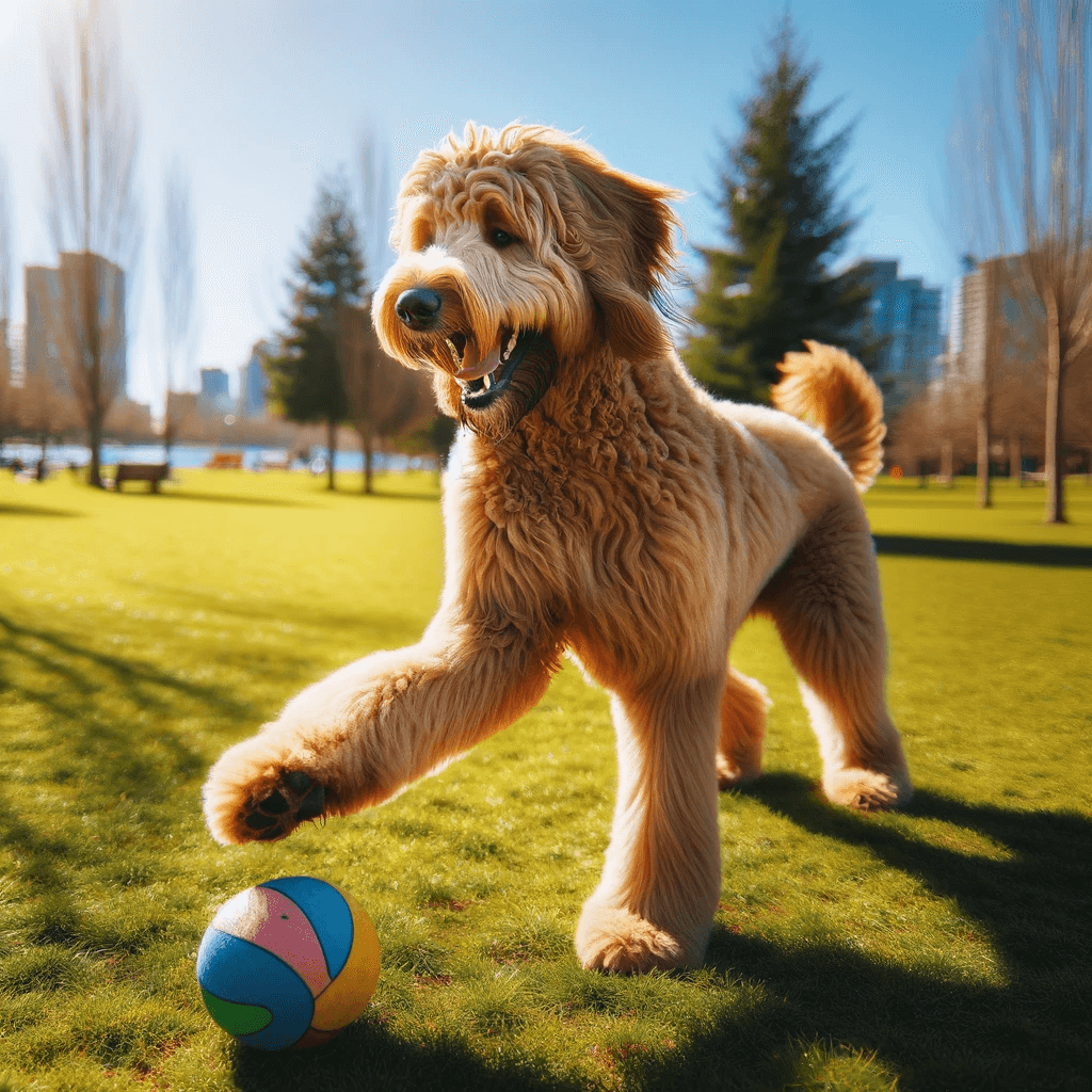 A_Flat-Coated_Goldendoodle_with_a_light_brown_wavy_coat_is_happily_playing_with_a_ball_in_a_sunny_park