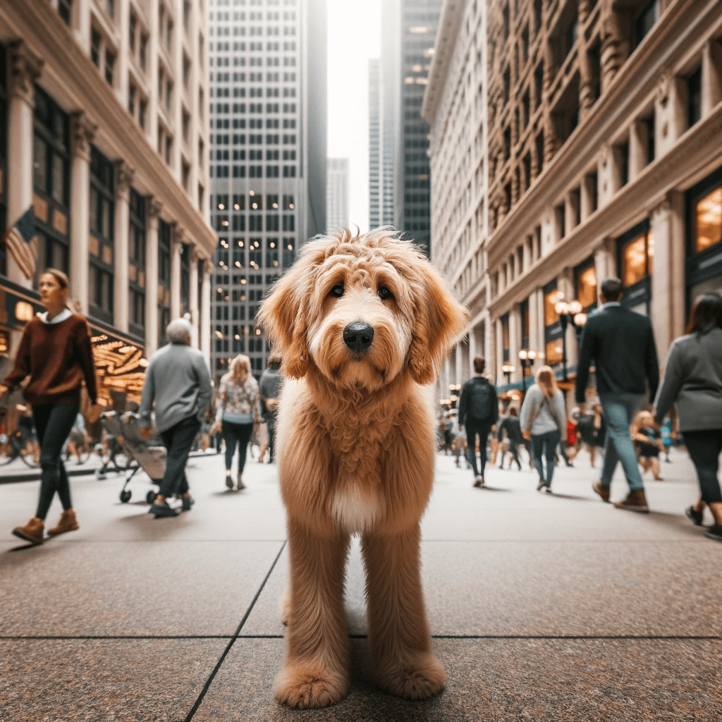 A_Flat-Coated_Goldendoodle_with_a_sandy_coat_is_walking_through_a_bustling_city_street_surrounded_by_tall_buildings_and_pedestrians