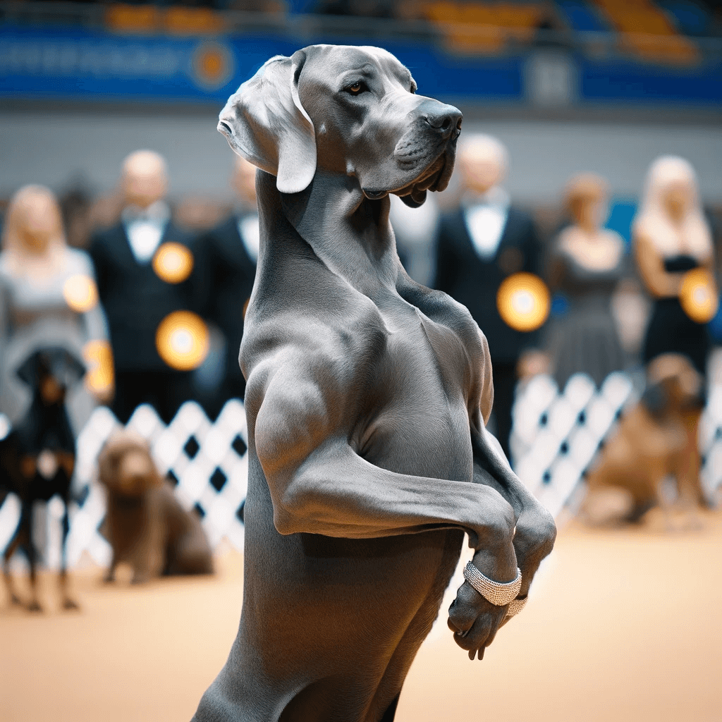 A_Greyador_showing_off_its_elegant_posture_during_a_dog_show_displaying_pride_and_grace_in_a_competitive_setting