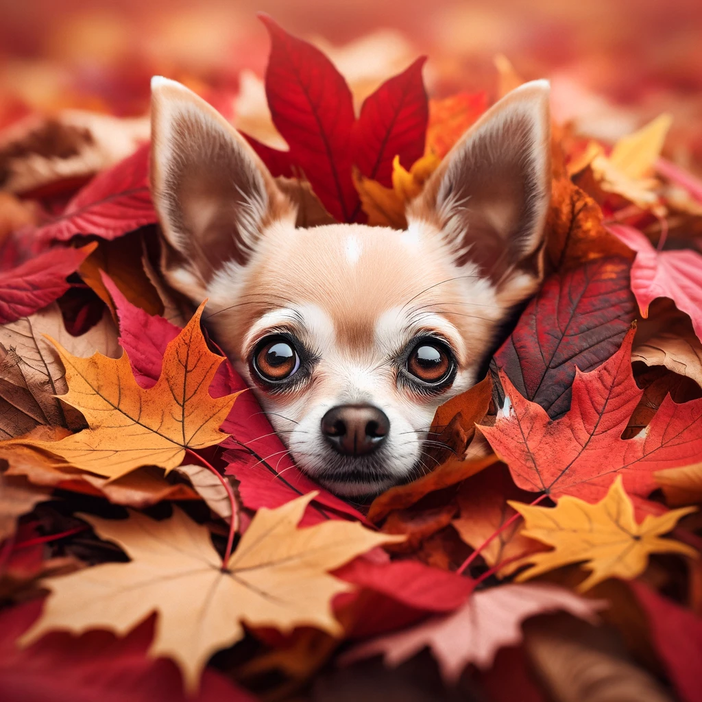 A Labrahuahua peeking out from a pile of autumn leaves, with only its eyes and ears visible.