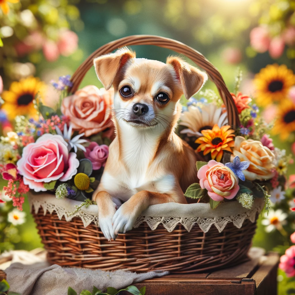 Labrahuahua sitting in a basket of colorful flowers, looking adorable