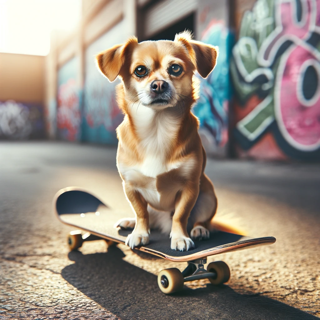 Labrahuahua sitting on a skateboard, looking cool and adventurous