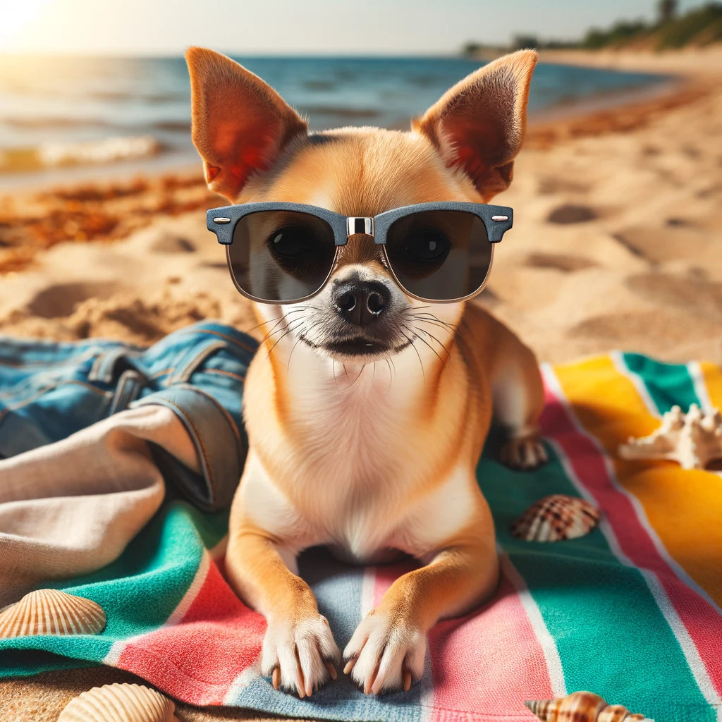 Labrahuahua wearing sunglasses, relaxing on a beach towel