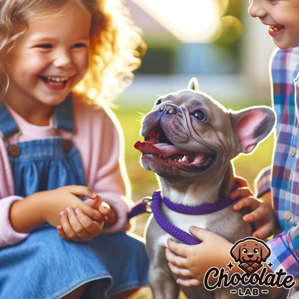A_Lilac_French_Bulldog_happily_interacting_with_children_demonstrating_its_friendly_and_sociable_nature