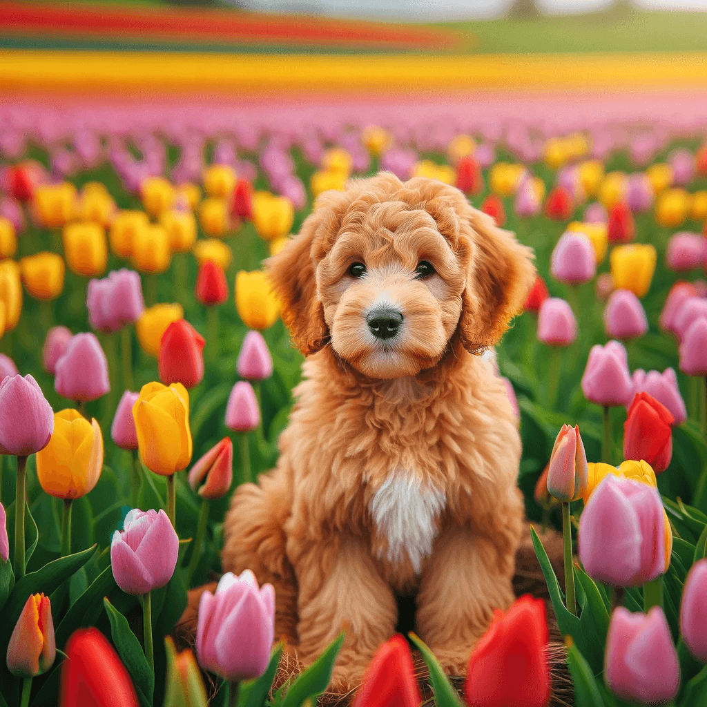 A_Mini_f1bb_Goldendoodle_sitting_in_a_field_of_tulips