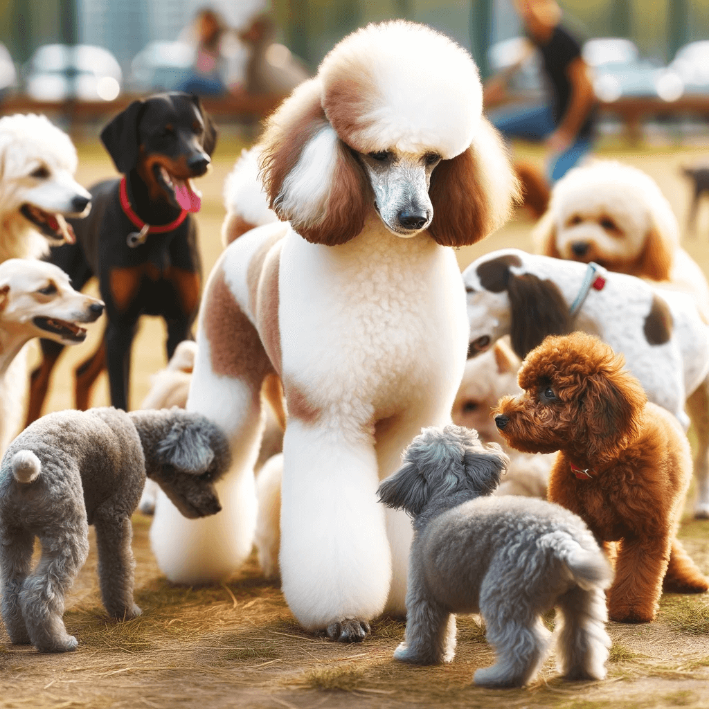 A_Parti_Poodle_interacting_with_other_dog_breeds_highlighting_its_sociable_nature