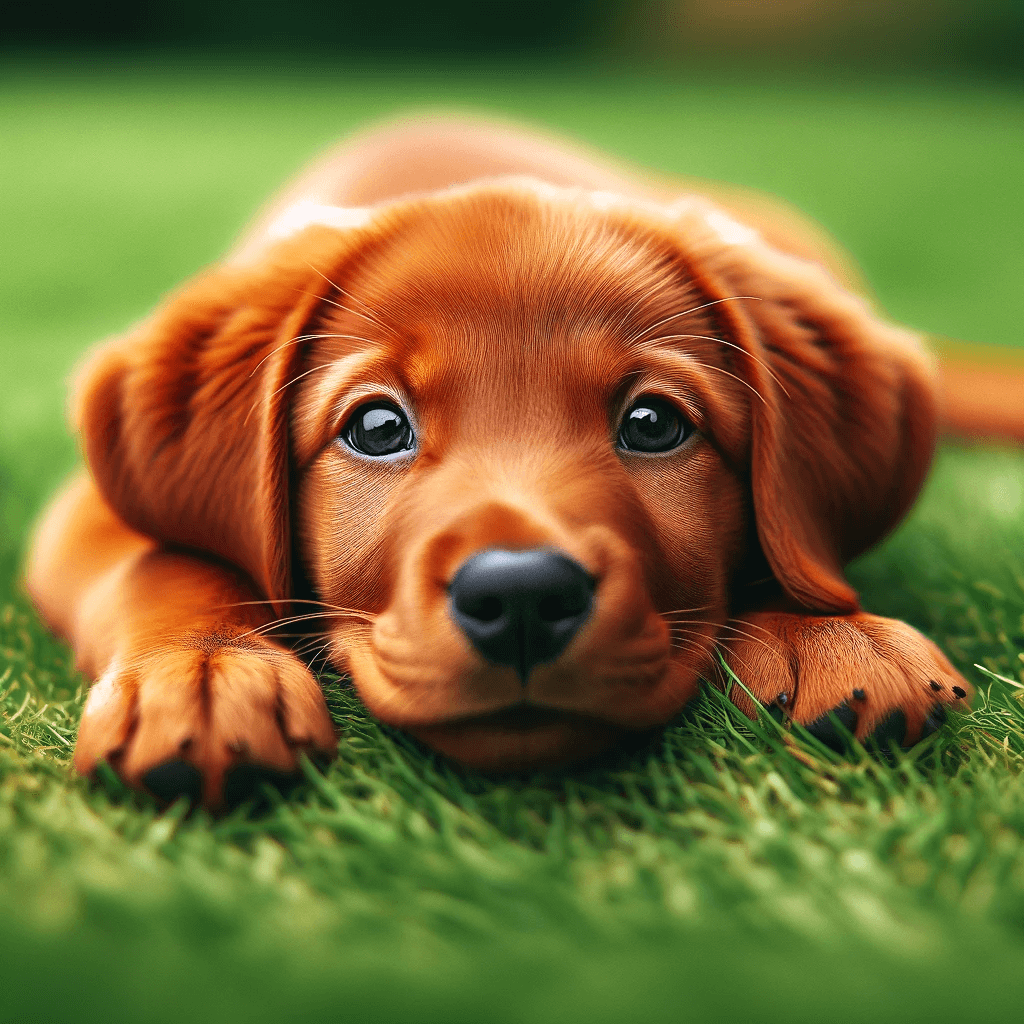 A_Red_Fox_Lab_puppy_lying_on_grass_with_its_head_propped_up_looking_directly_at_the_camera_with_an_endearing_and_relaxed_expression