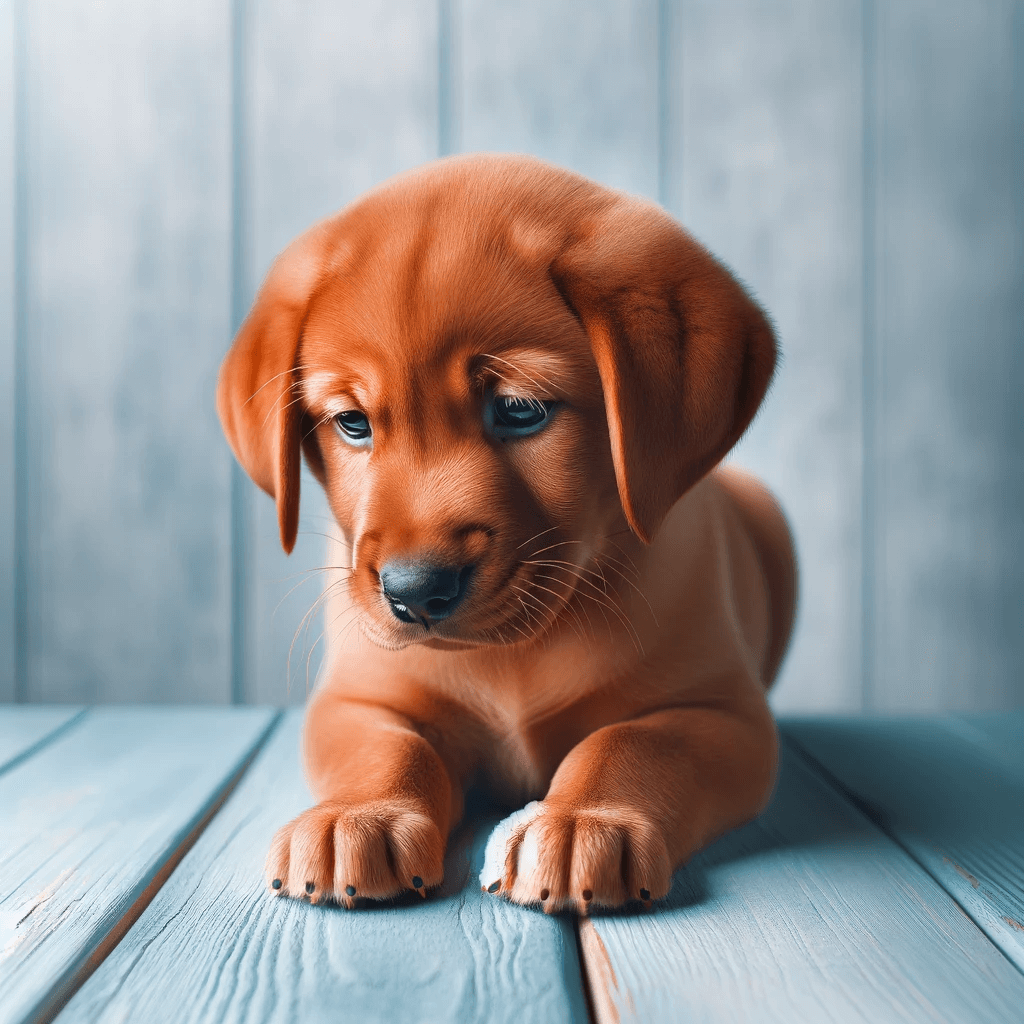 A_Red_Fox_Lab_puppy_perched_on_a_light_blue_wooden_surface_looking_down_with_a_thoughtful_and_innocent_expression
