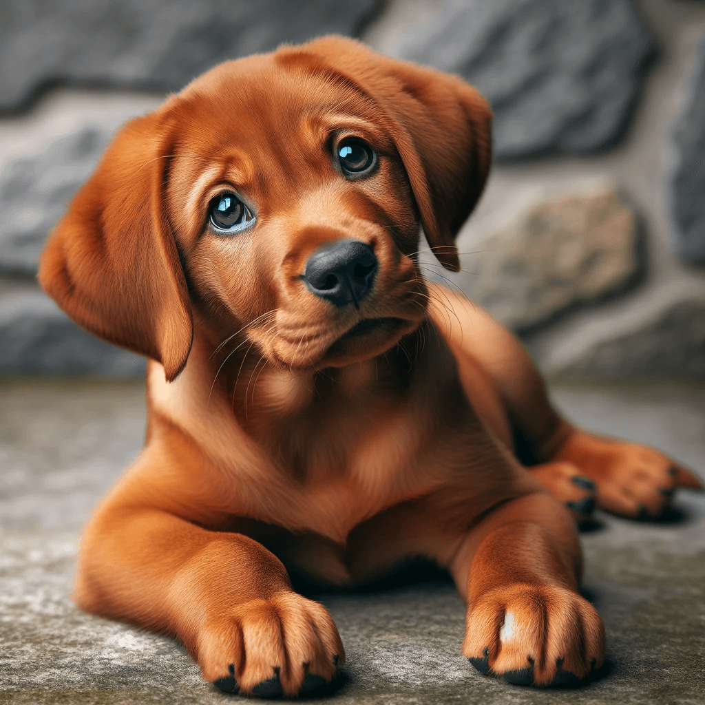 A_Red_Fox_Lab_puppy_reclining_on_a_stone_surface_looking_up_with_an_engaging_and_sweet_demeanor