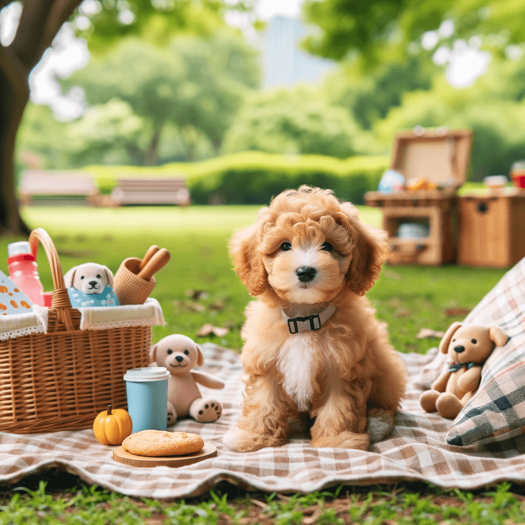 A_Teacup_Labradoodle_enjoying_a_picnic_in_the_park._The_scene_shows_the_puppy_sitting_on_a_picnic_blanket_surrounded_by_a_basket_some_snacks_and_a_
