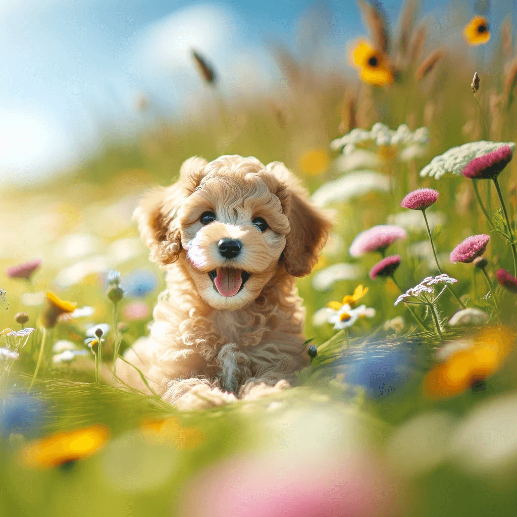 A_Teacup_Labradoodle_enjoying_a_sunny_day_in_a_meadow_surrounded_by_wildflowers