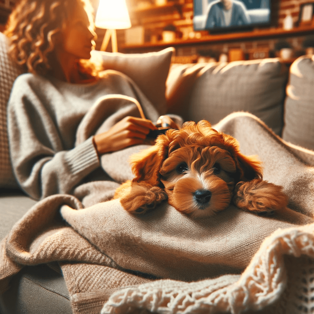 A_Teacup_Labradoodle_snuggled_up_with_its_owner_on_a_cozy_couch_watching_TV