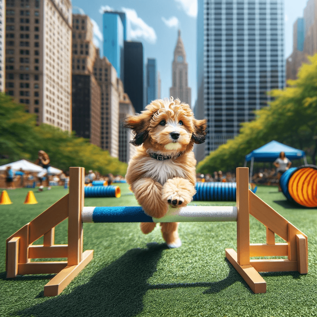 A_Toy_Aussiedoodle_in_a_city_park_skillfully_maneuvering_through_an_agility_course