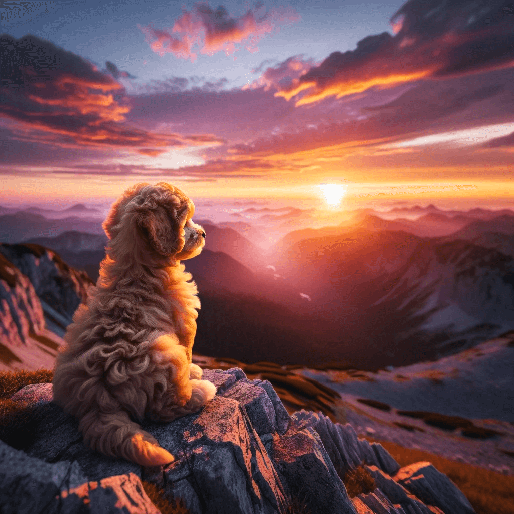 A_Toy_Aussiedoodle_puppy_enjoying_a_sunset_on_a_mountaintop_overlooking_a_breathtaking_panoramic_view
