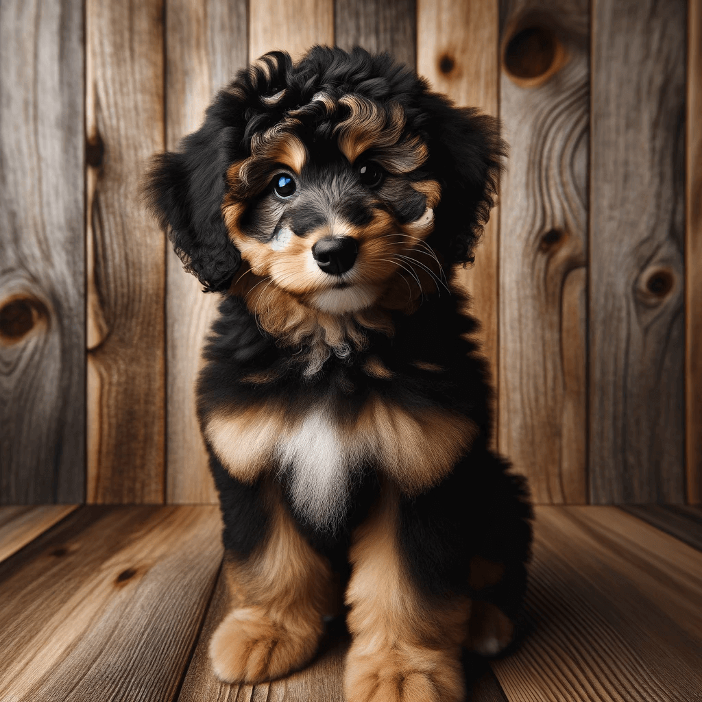 A_Toy_Aussiedoodle_with_a_predominantly_black_coat_with_tan_accents_is_posing_against_a_wooden_backdrop