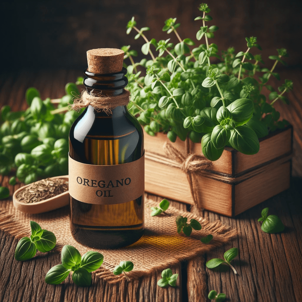 A_bottle_of_oregano_oil_next_to_a_bunch_of_fresh_oregano_leaves_on_a_rustic_wooden_table_c45ffcef