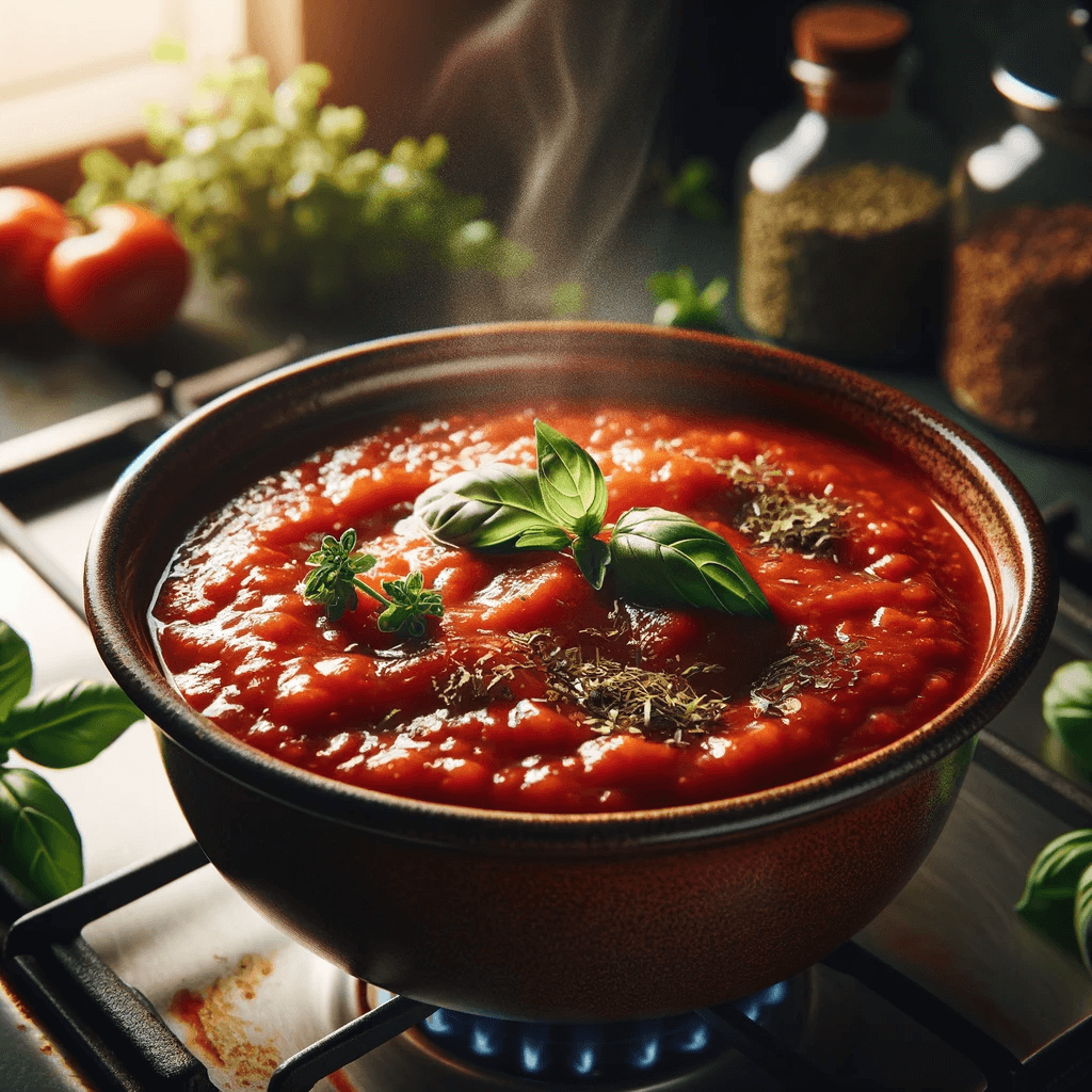 A_bowl_of_homemade_tomato_sauce_simmering_on_the_stove_featuring_oregano_leaves_and_fresh_basil