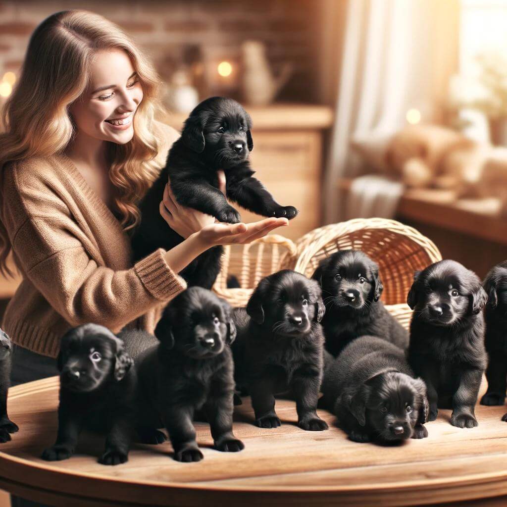 A_breeder_presenting_a_litter_of_Black_Golden_Retr