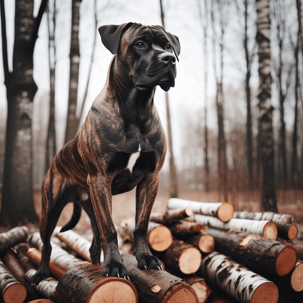 A_brindle-coated_dog_standing_on_a_pile_of_logs_looking_attentively_to_the_side.
