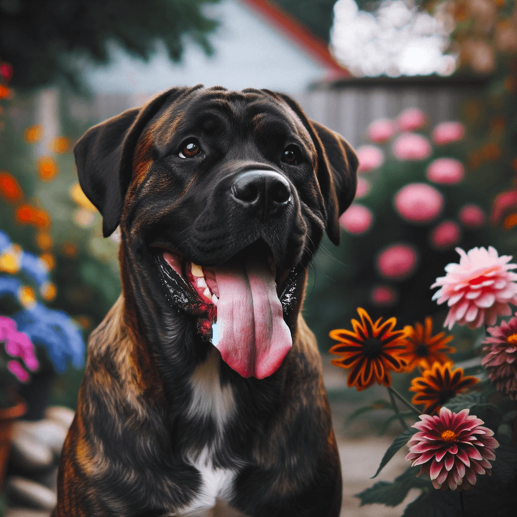 A_brindle-coated_dog_with_a_powerful_build_sitting_beside_colorful_flowers_in_a_garden_tongue_out_in_a_happy_pant.