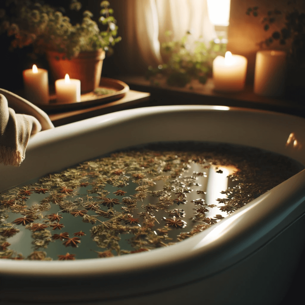 A_calming_herbal_bath_featuring_dried_oregano_leaves_promising_relaxation_and_soothing_properties