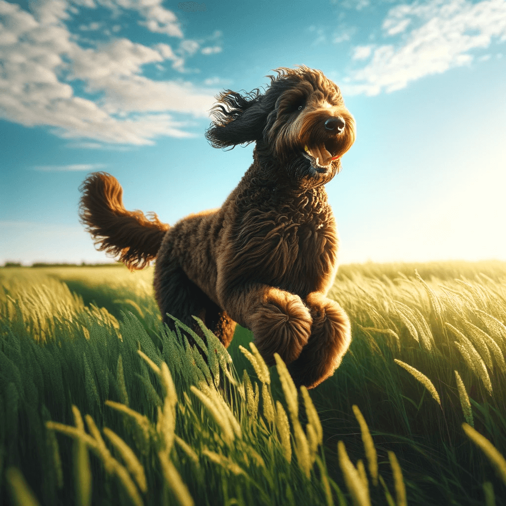 A_captivating_scene_of_a_flat_coat_Goldendoodle_running_through_a_field_of_tall_green_grass_under_a_clear_blue_sky